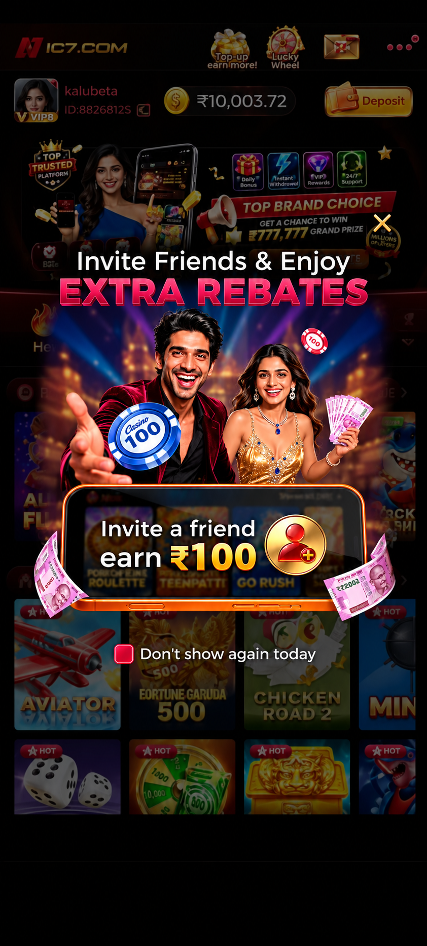 IC7.com referral promotion showing “Invite Friends & Enjoy Extra Rebates” and ₹100 friend referral reward