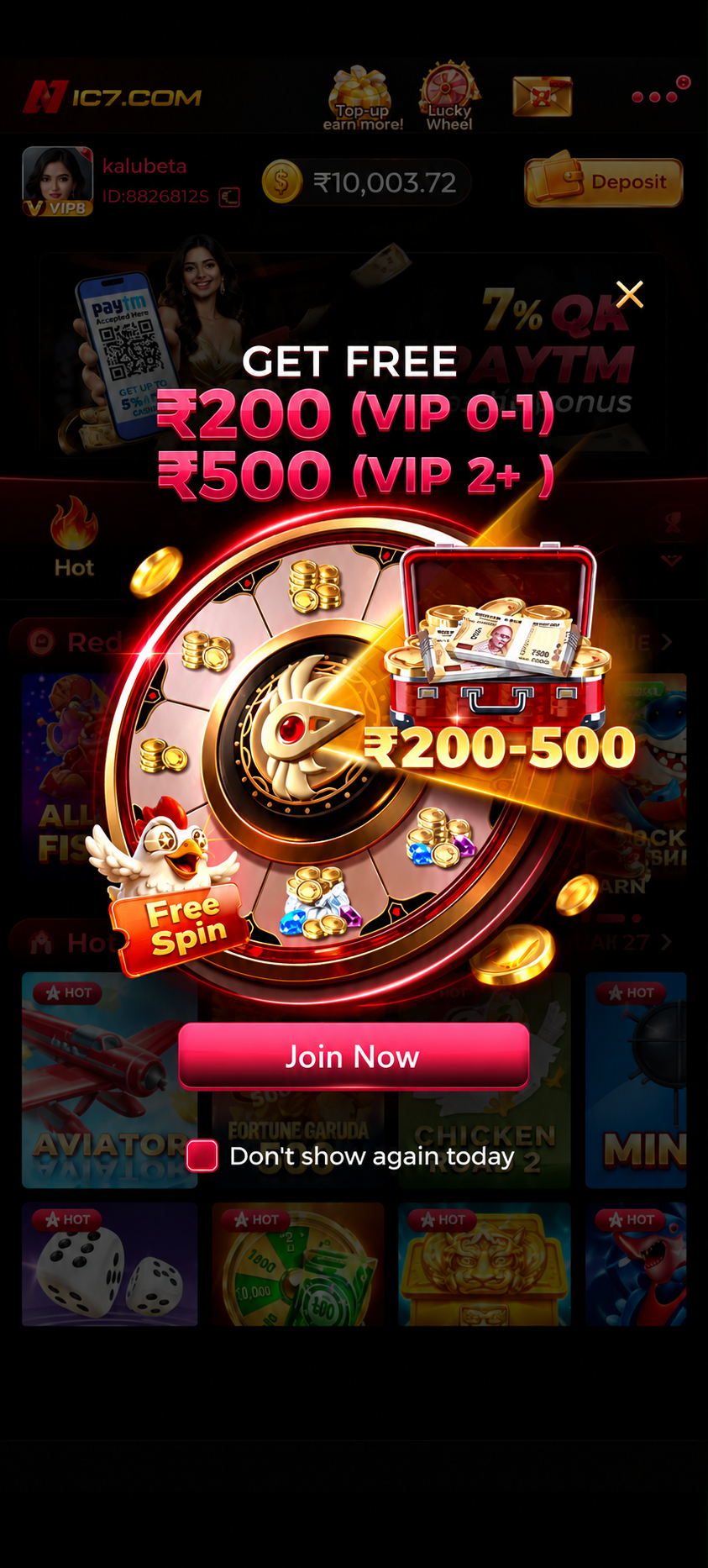 IC7.com promotional popup offering ₹200 and ₹500 rewards with a free spin wheel, cash prize chest, and Join Now button