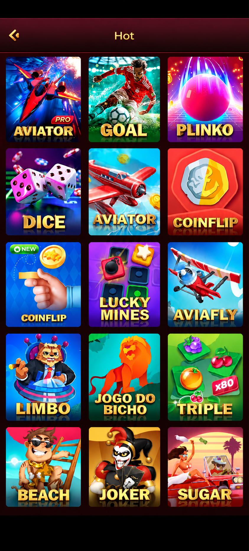 Hot games menu featuring Aviator, Goal, Plinko, Dice, Coinflip, Lucky Mines, Aviafly, Limbo, Jogo do Bicho, Triple, Beach, Joker and Sugar