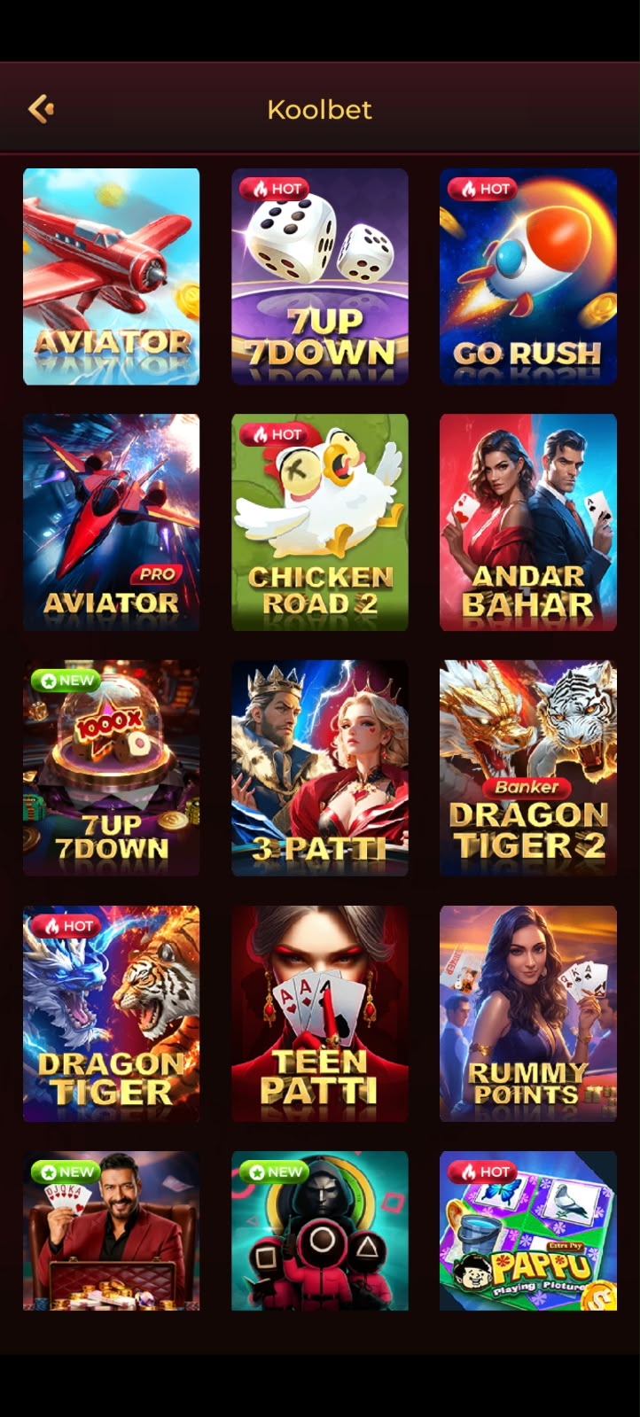 Koolbet Hot games menu featuring Aviator, 7UP 7DOWN, Go Rush, Chicken Road 2, Andar Bahar, 3 Patti, Dragon Tiger, Teen Patti and Rummy Points